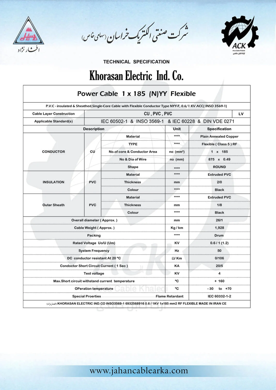 کابل افشان 1×185 خراسان افشارنژاد